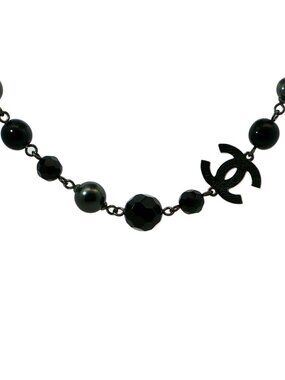 Chanel Costume Pearl CC Logo Long Necklace Pendant Alloy Black